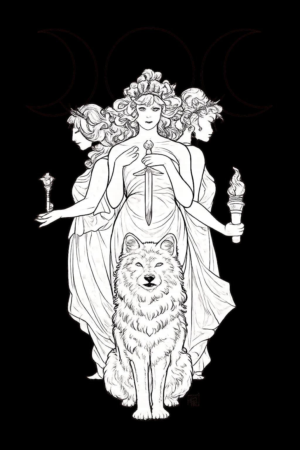 Illustrazione simbolica di Ecate con tre volti e un lupo
